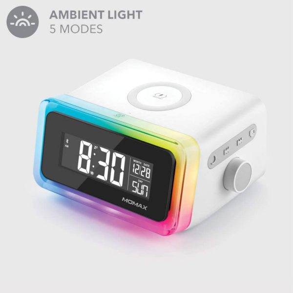 MOMAX 4-in-1 Digital Alarm Clock with Wireless Charging Station and Bluetooth 5.0 Speaker Colourful Smart LED Night Lighting Bedside QI Charger Music Player MP3 Multifunctional Room Décor QC2CNW