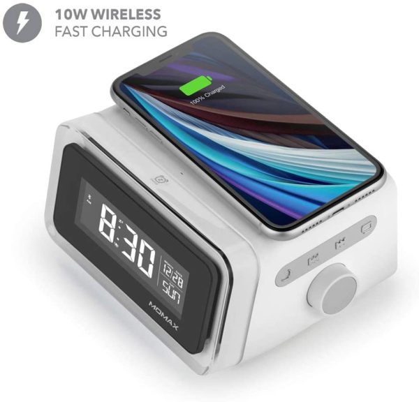 MOMAX 4-in-1 Digital Alarm Clock with Wireless Charging Station and Bluetooth 5.0 Speaker Colourful Smart LED Night Lighting Bedside QI Charger Music Player MP3 Multifunctional Room Décor QC2CNW