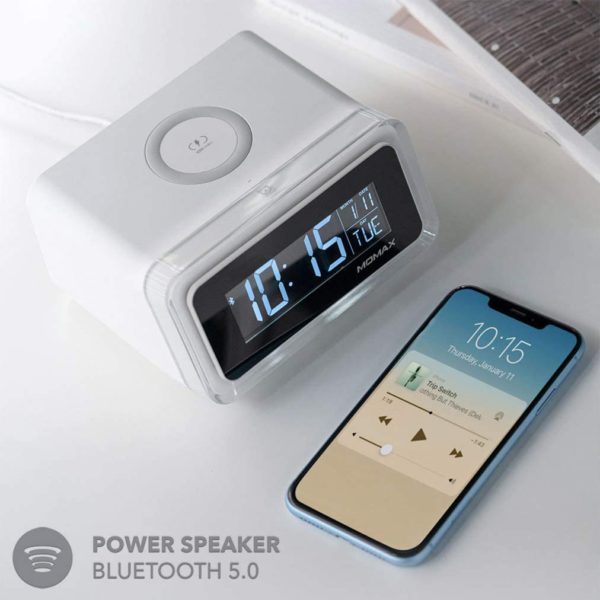 MOMAX 4-in-1 Digital Alarm Clock with Wireless Charging Station and Bluetooth 5.0 Speaker Colourful Smart LED Night Lighting Bedside QI Charger Music Player MP3 Multifunctional Room Décor QC2CNW