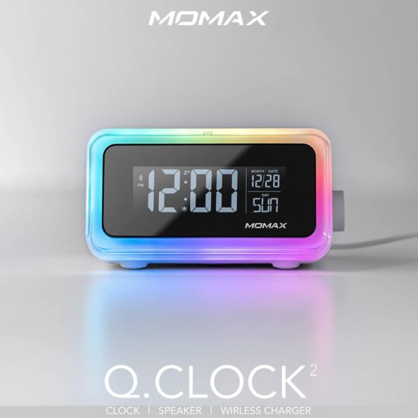 MOMAX 4-in-1 Digital Alarm Clock with Wireless Charging Station and Bluetooth 5.0 Speaker Colourful Smart LED Night Lighting Bedside QI Charger Music Player MP3 Multifunctional Room Décor QC2CNW