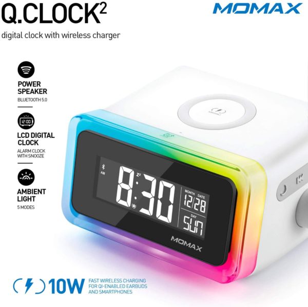 MOMAX 4-in-1 Digital Alarm Clock with Wireless Charging Station and Bluetooth 5.0 Speaker Colourful Smart LED Night Lighting Bedside QI Charger Music Player MP3 Multifunctional Room Décor QC2CNW